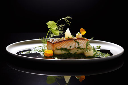 Grilled salmon fillet with herbs and sauce on a black backgroundの素材