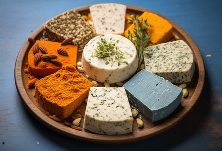 Variety of cheese with herbs and spices on blue wooden background.の素材