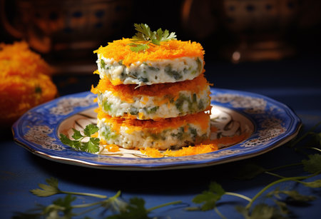 Potato pancakes with carrot and parsley on a blue background.の素材