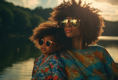 African american mother and daughter in sunglasses on the beach at sunset.の素材