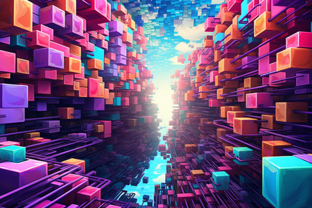 3D render of a futuristic corridor with colorful cubes in it.の素材