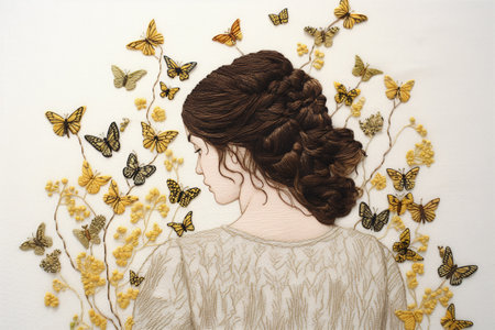 Beautiful girl with butterflies on a white background. top view. copy space.の素材