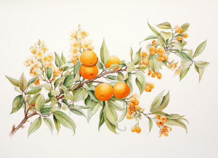 Watercolor painting of orange tree branch with flowers and fruits on white backgroundの素材