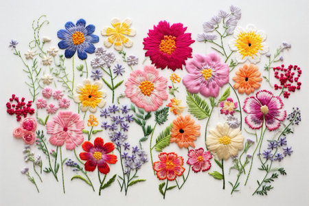 Handmade embroidery on a white background. colorful flowers.の素材