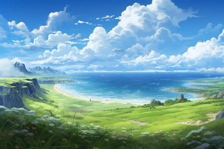 Beautiful seascape with mountains and blue sky. digital paintingの素材