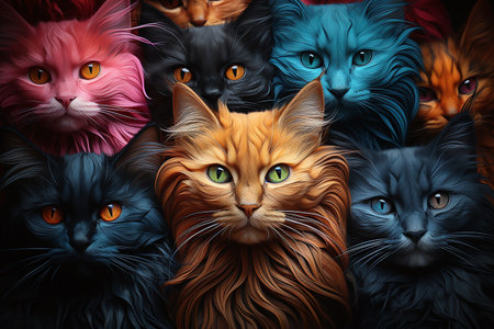 Colorful cats in different colors on a dark background, close-upの素材