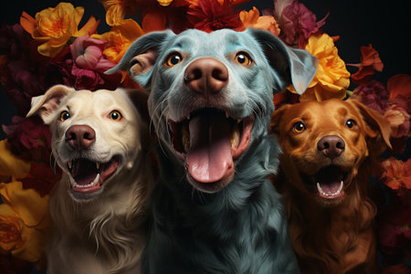 Group of dogs with flowers on a black background. studio shot.の素材