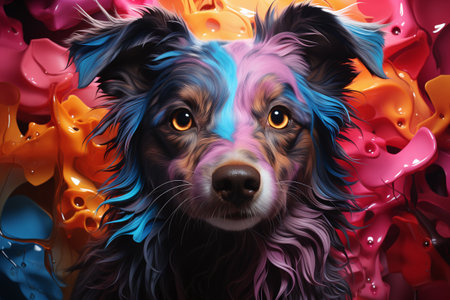 Funny Australian shepherd dog with colorful background. 3d illustration.の素材