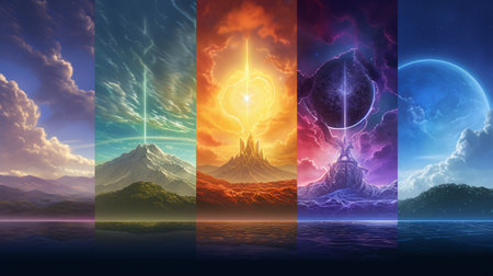 Fantasy landscape with mountains, moon and sun. 3d illustrationの素材