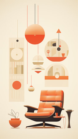 Modern living room interior with furniture. Vector illustration in retro style.の素材