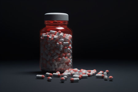 medicine bottle and pills on black background. 3d renderingの素材