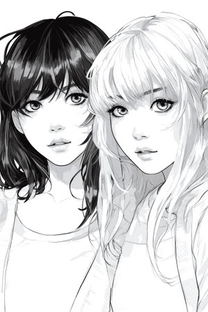 Illustration of two beautiful girls in comics style on a white backgroundのイラスト素材