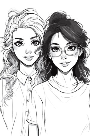 Black and white illustration of two beautiful girls in glasses on a white backgroundのイラスト素材