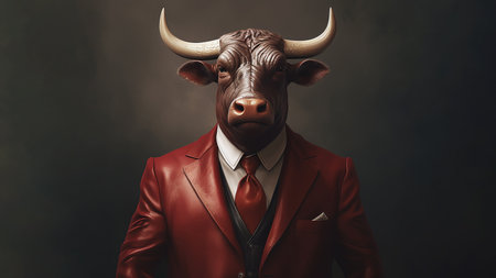Funny bull in a red suit on a dark background. business idea.の素材