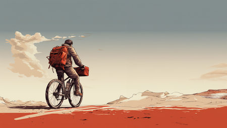 Cyclist with backpack on road in desert. Travel and adventure conceptの素材