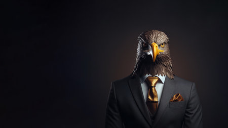 Eagle businessman in suit and tie on dark background. mixed mediaの素材