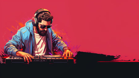 DJ playing music on the turntable at night club. Vector illustrationの素材