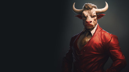 Portrait of a man in a red leather jacket with horns.の素材