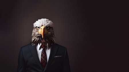Eagle head in suit and tie on dark background with copy spaceの素材