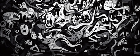 Black and white monochrome abstract background with hand drawn symbols.の素材
