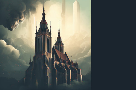 Gothic building in the smoke with space for text, illustrationの素材