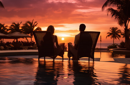 Silhouette of man and woman sitting on chair near swimming pool at sunset timeの素材