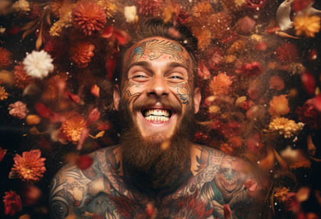 Handsome bearded man with a lot of tattoos on his face and body.の素材