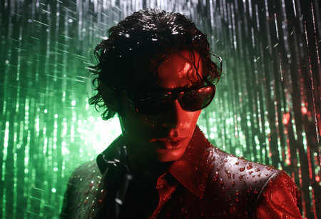 Portrait of a handsome man in red shirt and sunglasses. fashion shot.の素材