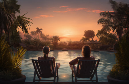Two women sitting by the swimming pool at sunset. rear view.の素材