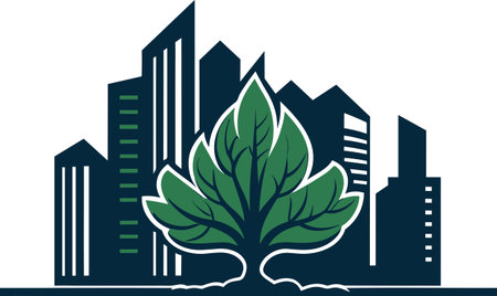 Illustration of a city skyline with green tree set on isolated background done in retro style.の素材