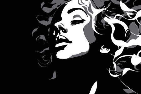 Silhouette of a beautiful woman on a black background. Vector illustration.の素材