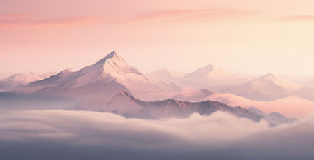 Mountains in the clouds. Panoramic view. Sunset.の素材