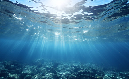 Underwater view of the sea with sunbeams and blue skyの素材