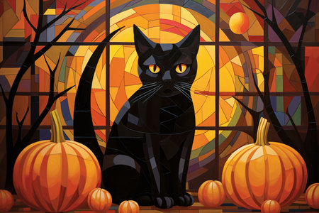 Illustration of a black cat sitting in front of the window with pumpkinsの素材