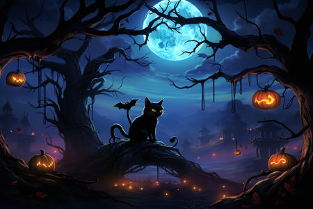 Halloween background with black cat in the forest and full moon.の素材