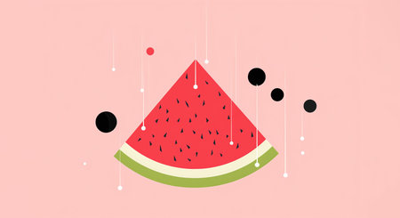 Watermelon slice with water drops on pink background. Vector illustration.の素材