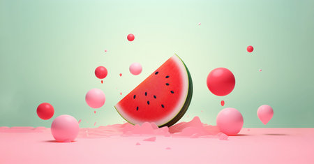 Watermelon with pink balloons and pieces of watermelon on a pink background.の素材