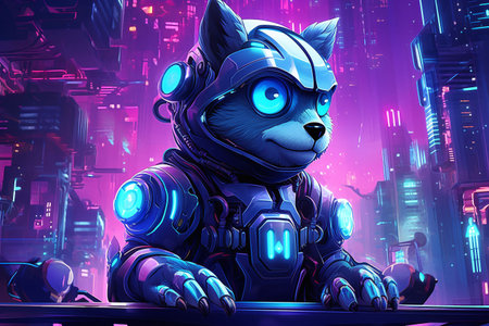 Cute cat in space suit on the background of the city.の素材