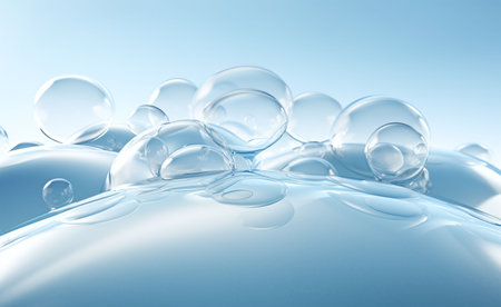 Water drops on blue background. 3D illustrations. 3D rendering.の素材