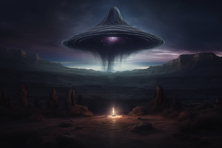 Fantasy alien planet. Flying saucer. 3D illustrations.の素材