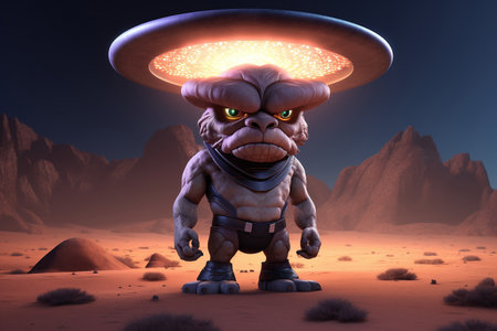 monster with ufo in the desert. 3d render illustration.の素材