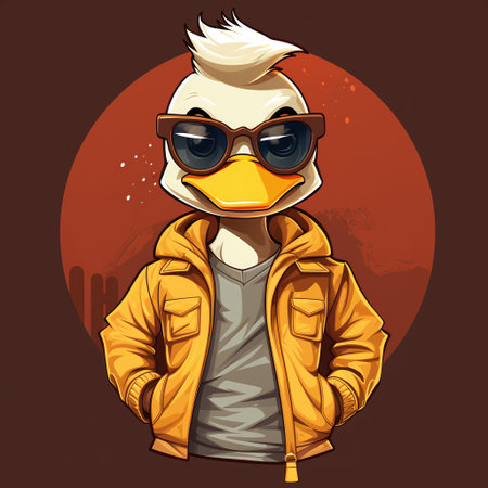 Vector illustration of a duck in a yellow jacket and sunglasses on a dark backgroundの素材