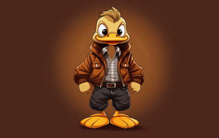 Duck in leather jacket and pants on brown background. Vector illustration.の素材