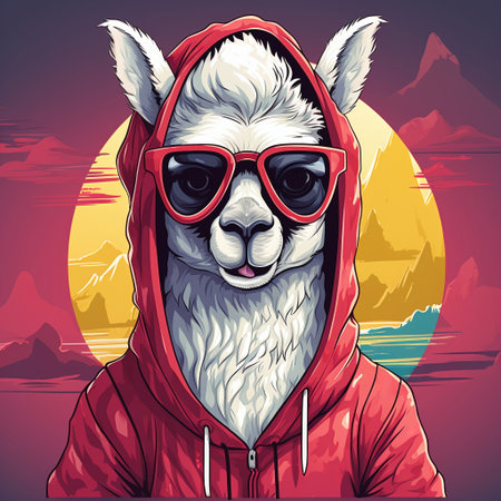Vector illustration of a llama in a red hoodie and sunglasses.の素材