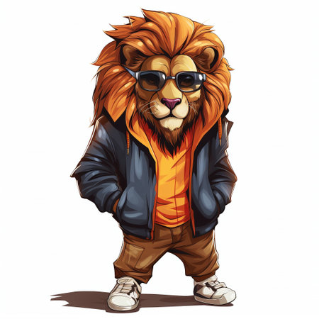 Vector illustration of a lion in a jacket and sunglasses on a white backgroundの素材