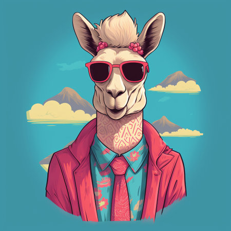 Vector illustration of a llama wearing a pink jacket and sunglasses.の素材