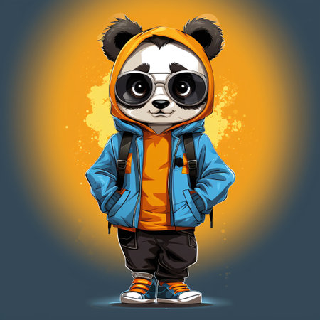 Cute panda in a jacket and a backpack. Vector illustration.の素材