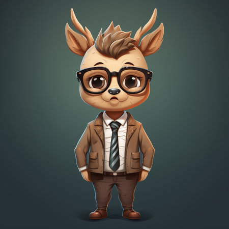 Funny cartoon deer with glasses and brown jacket. Vector illustration.の素材