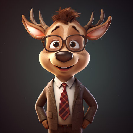 3D illustration of a cute cartoon deer with glasses and a tieの素材