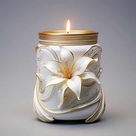 Burning candle with lily flower in the holder. 3d renderingの素材